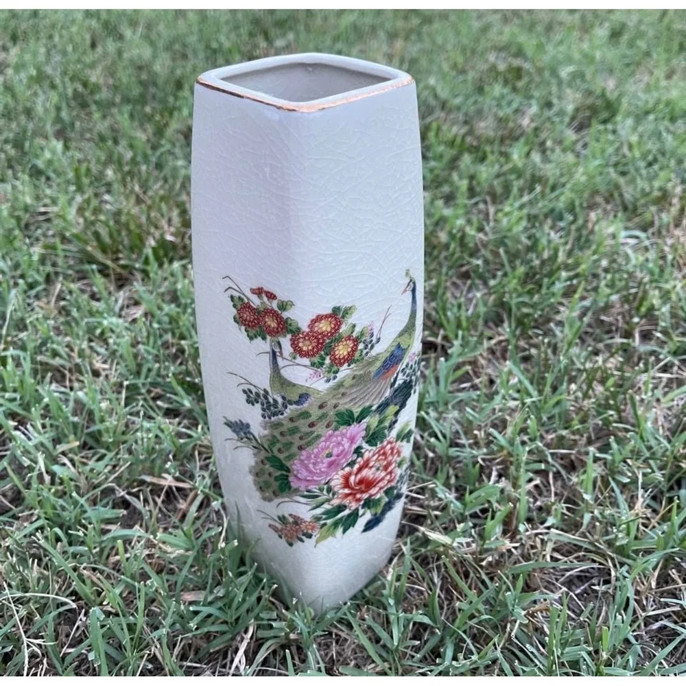 Vintage Satsuma Japan Peacock Floral Ceramic Bud Vase Gold Trim Chinoiserie